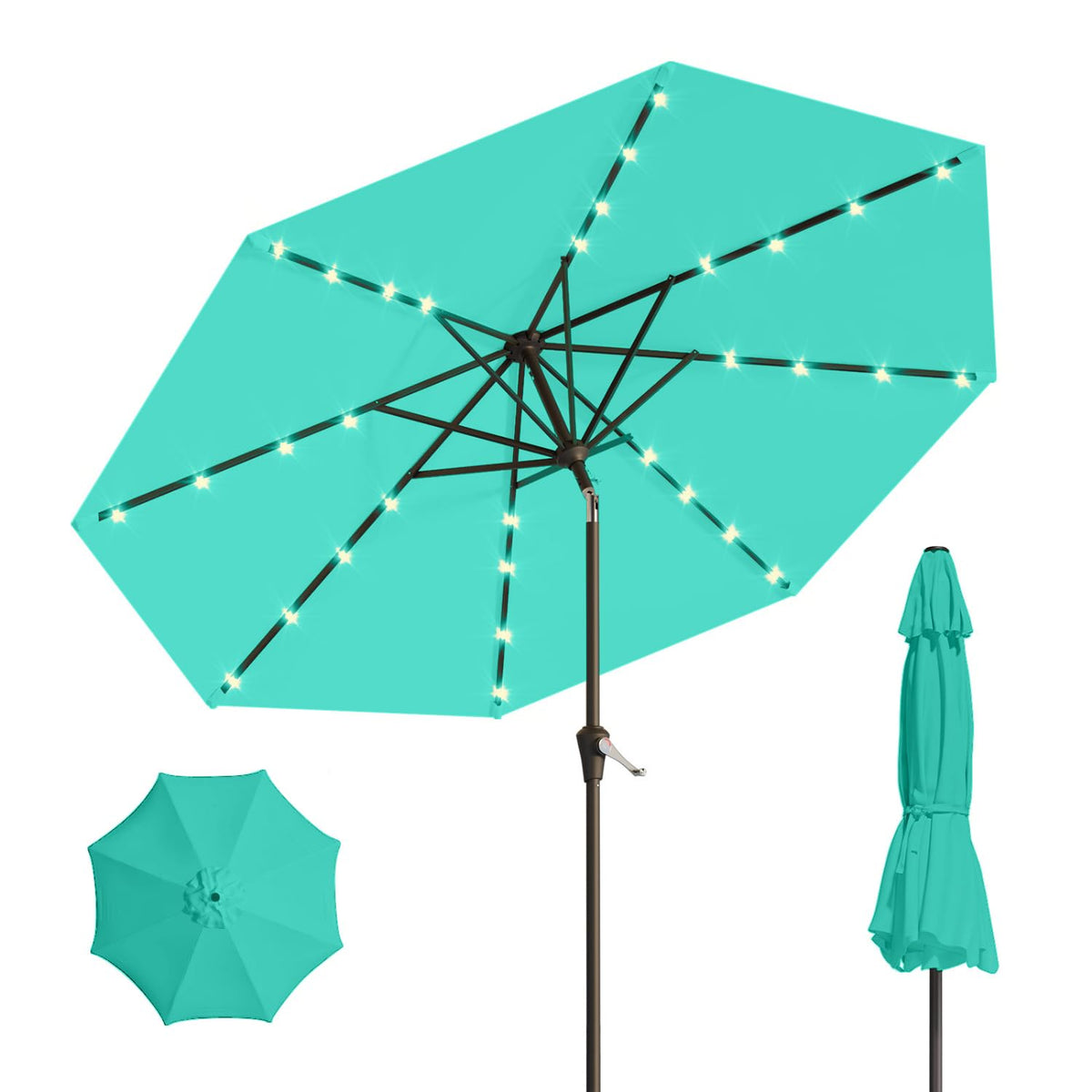 Patio Kingdom 9ft solar-led umbrella turquoise canopy provides daytime shade