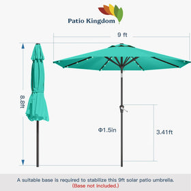 Patio Kingdom turquoise umbrella adds evening ambiance outdoors