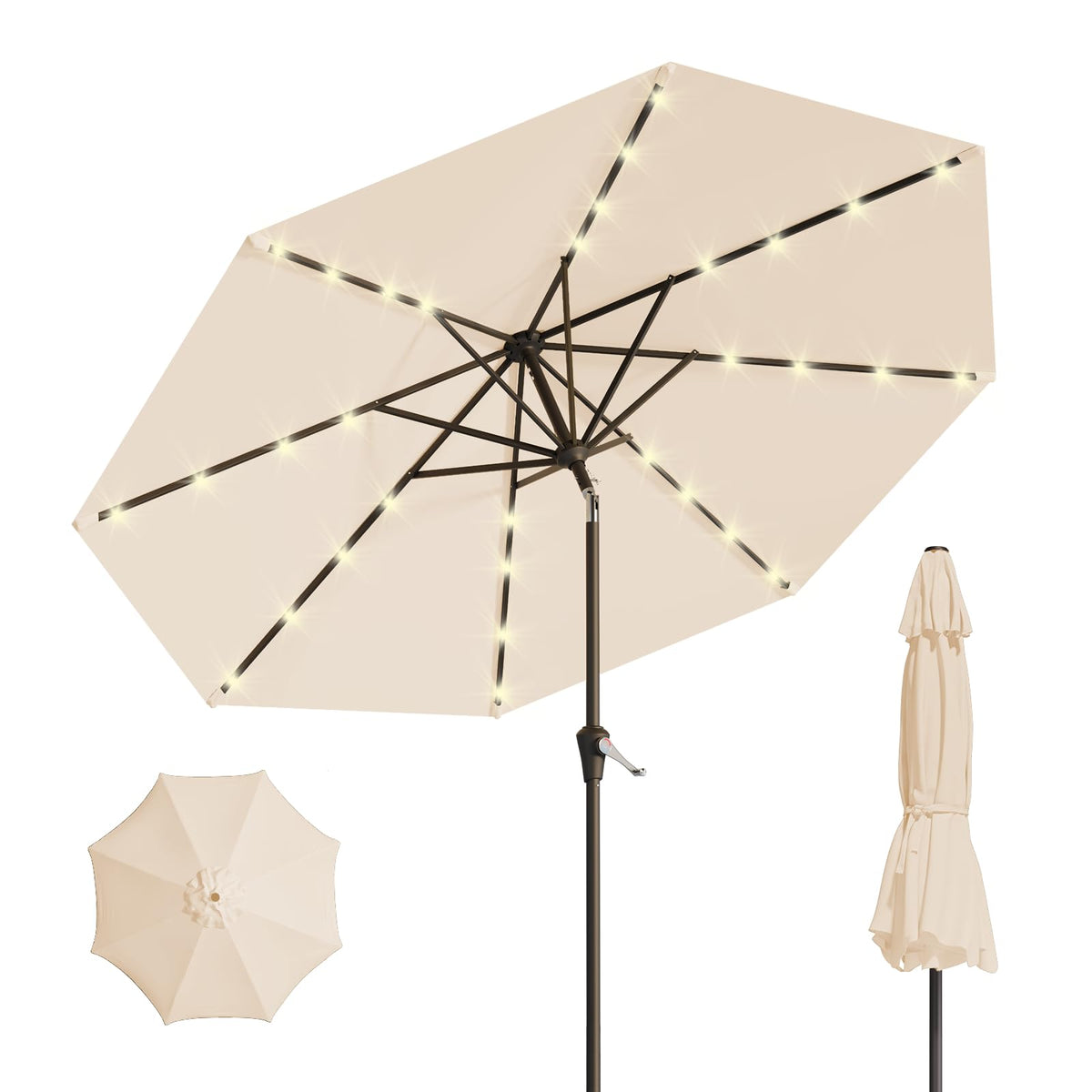Patio Kingdom 9ft solar umbrella with LED lights for warm evenings.
