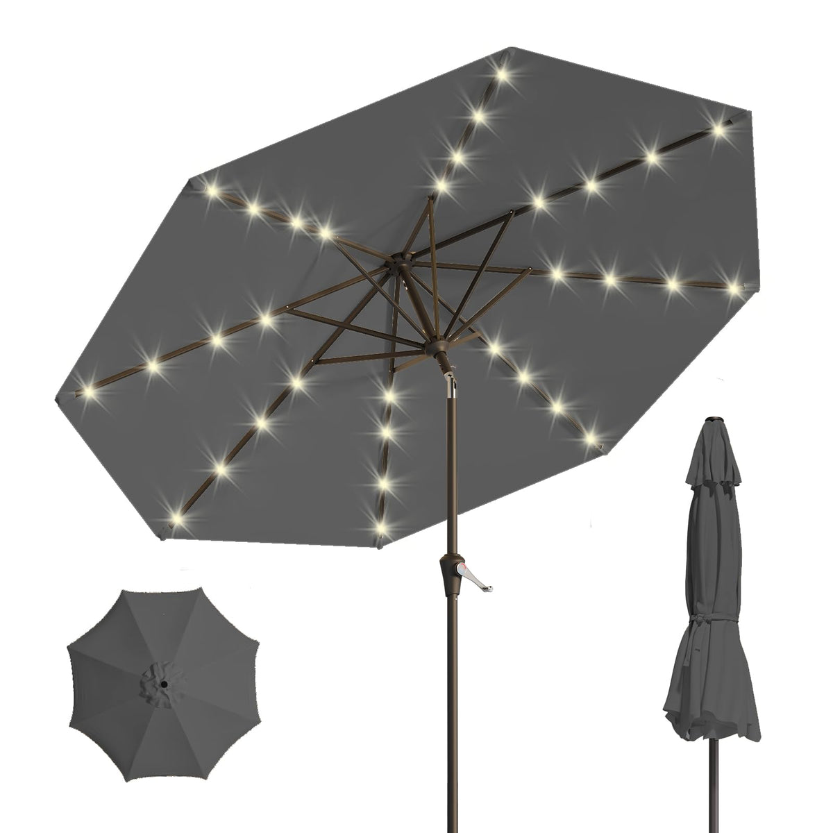 Patio Kingdom 9ft solar umbrella provides broad shade on sunny patios.