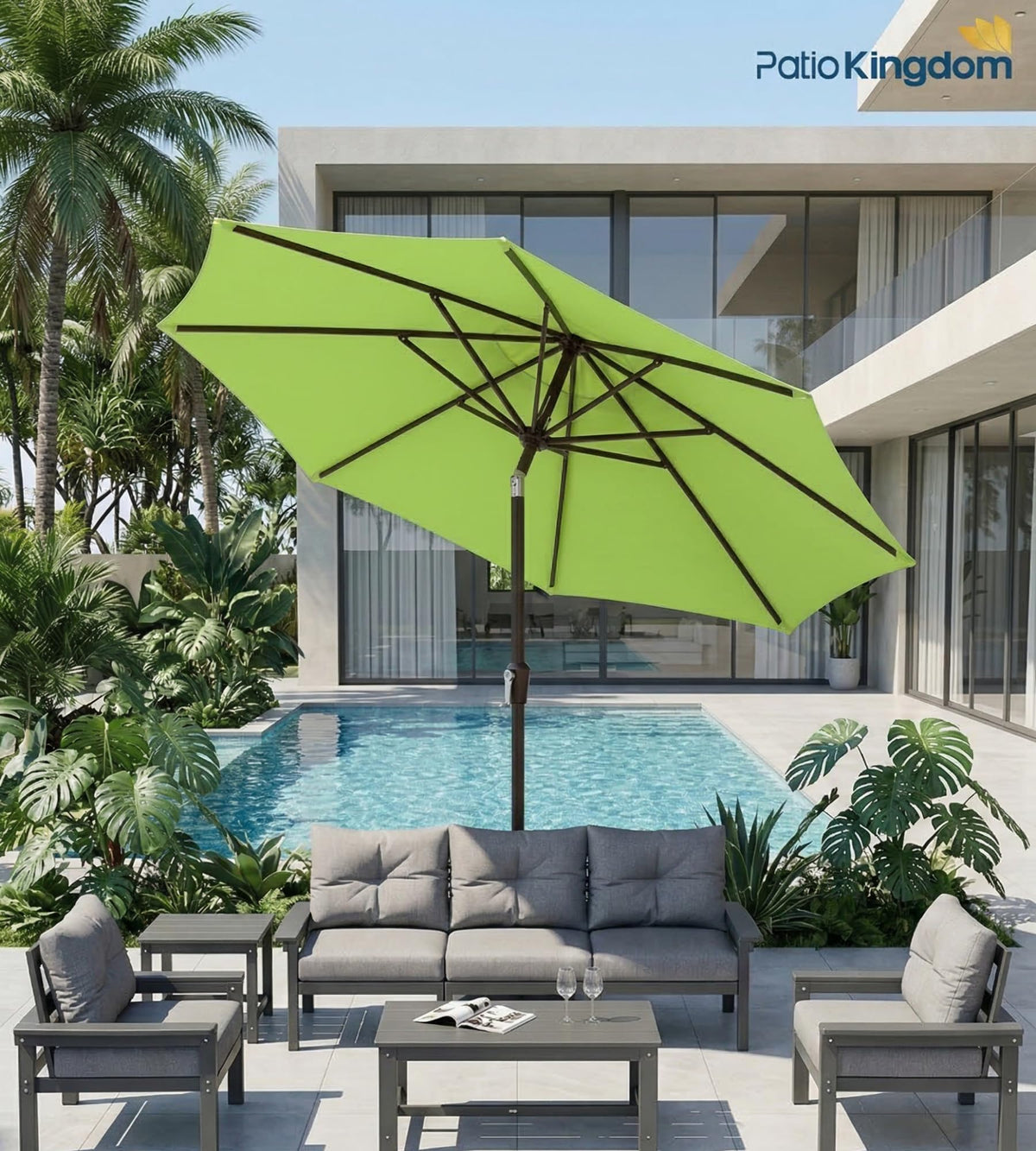 Patio Kingdom apple green canopy adds vibrant backyard style and sun protection.