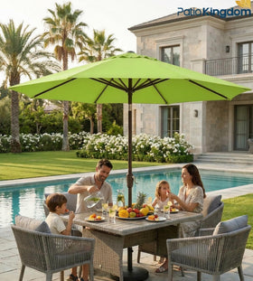 Patio Kingdom umbrella base sold separately for secure patio setup.