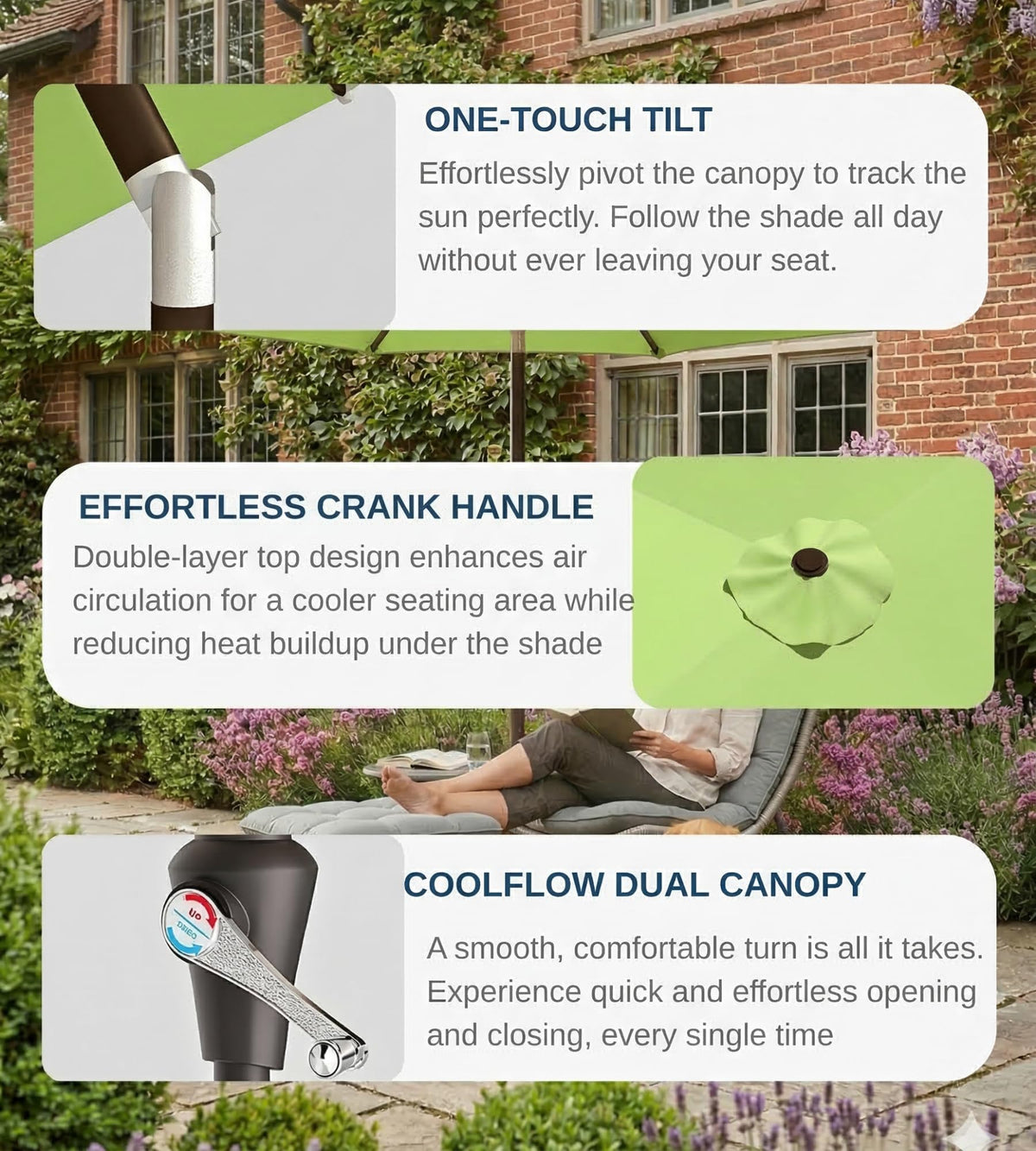 Patio Kingdom 9ft umbrella with crank lift for easy opening and closing.