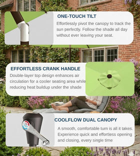 Patio Kingdom 9ft umbrella with crank lift for easy opening and closing.
