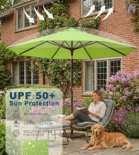 Patio Kingdom 9ft umbrella featuring lightweight fiberglass ribs for durable support.