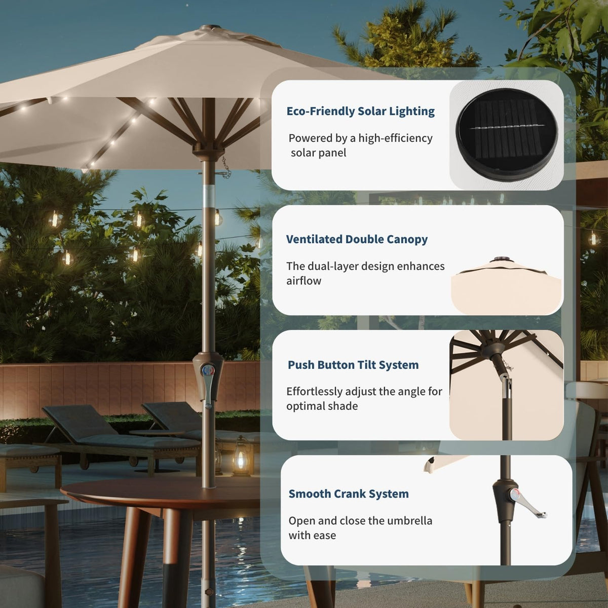Patio Kingdom beige outdoor umbrella complements any patio decor.
