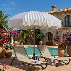Patio Kingdom blue and white stripe canopy provides cooling UPF50+ protection