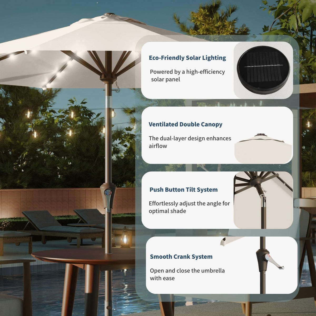 Patio Kingdom crank and tilt system makes opening and angling easy