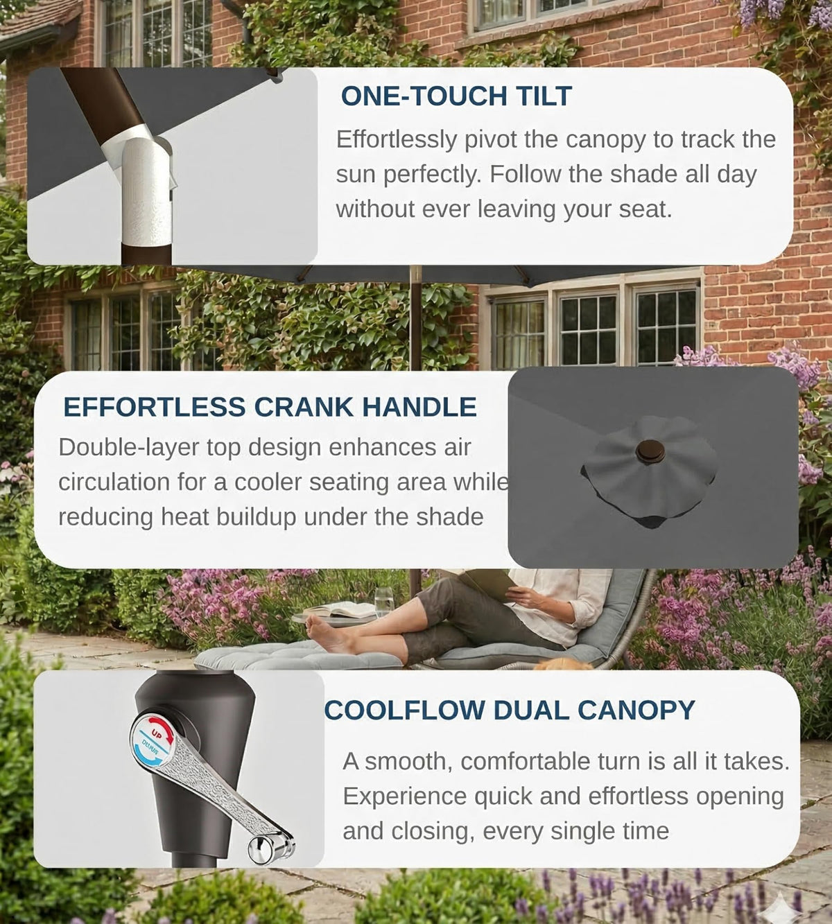 Patio Kingdom fiberglass ribs offer lightweight, durable support against breezes