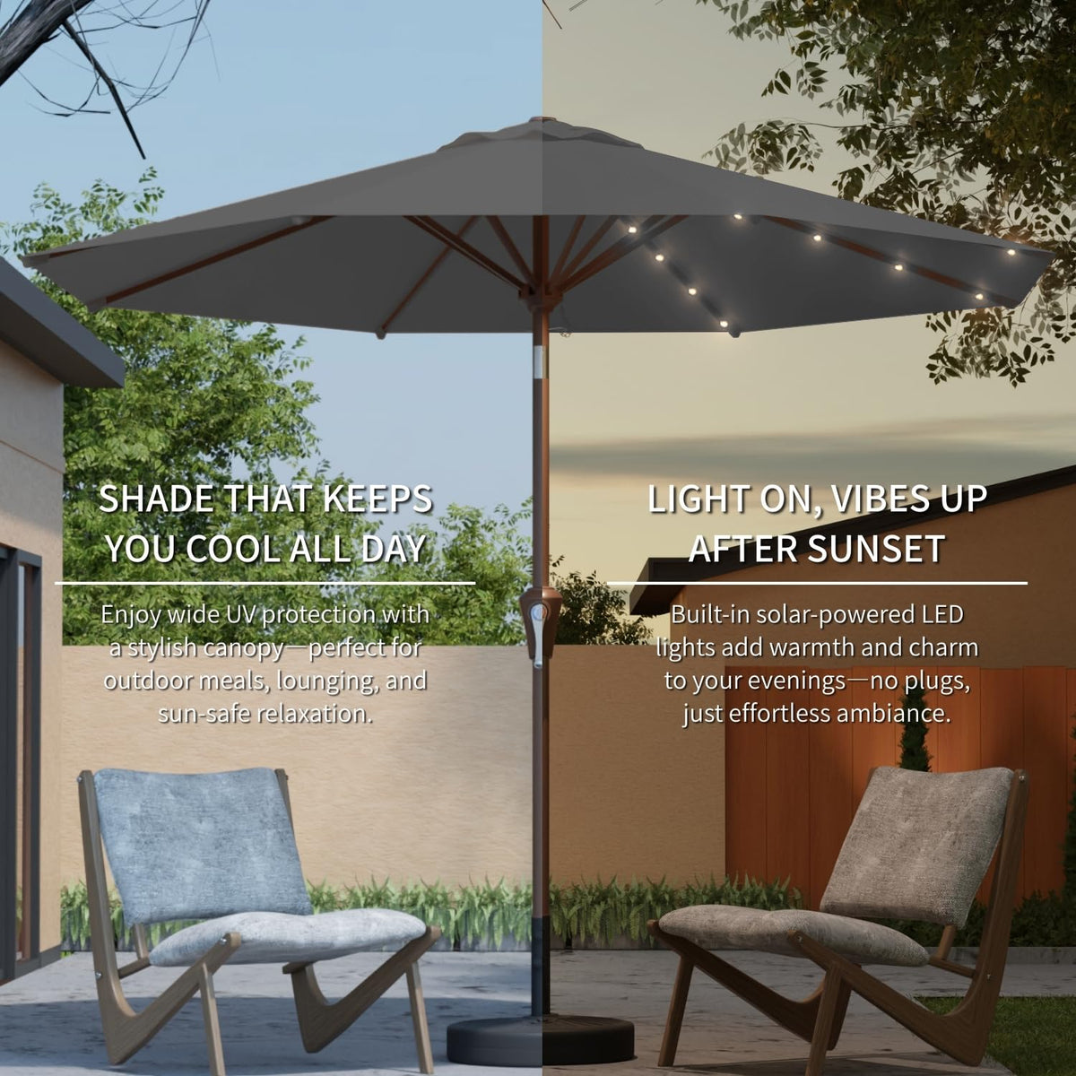 Patio Kingdom gray umbrella complements modern outdoor spaces and lounges.
