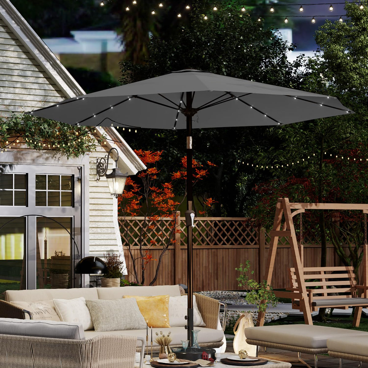 Patio Kingdom LED-lit umbrella features 32 solar-powered lights for energy-efficient evening ambiance.