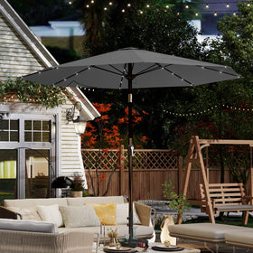 Patio Kingdom LED-lit umbrella features 32 solar-powered lights for energy-efficient evening ambiance.