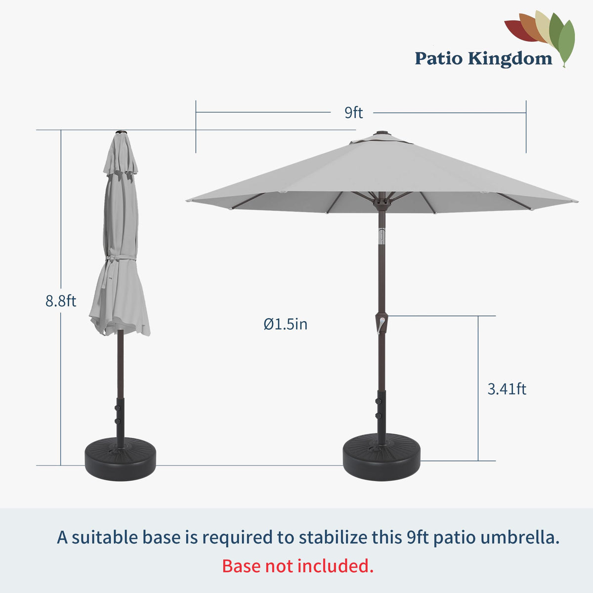 Patio Kingdom light gray umbrella blends with outdoor furniture styles.