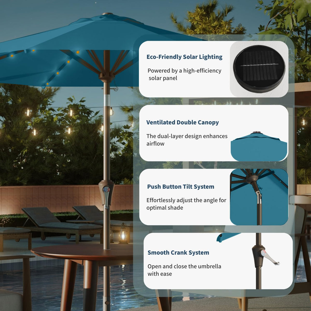Patio Kingdom poolside setup offers reliable shade and mood lighting.