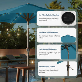Patio Kingdom poolside setup offers reliable shade and mood lighting.