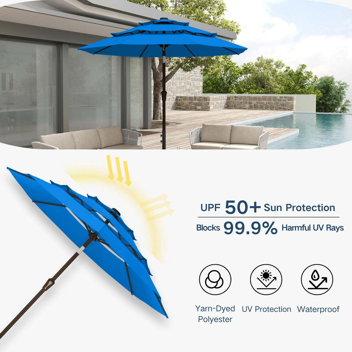Patio Kingdom push-button tilt lets you angle shade easily.