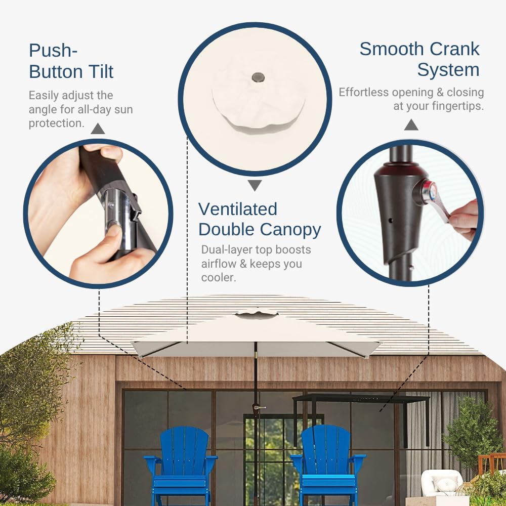 Patio Kingdom push-button tilt for adjustable shade throughout the day