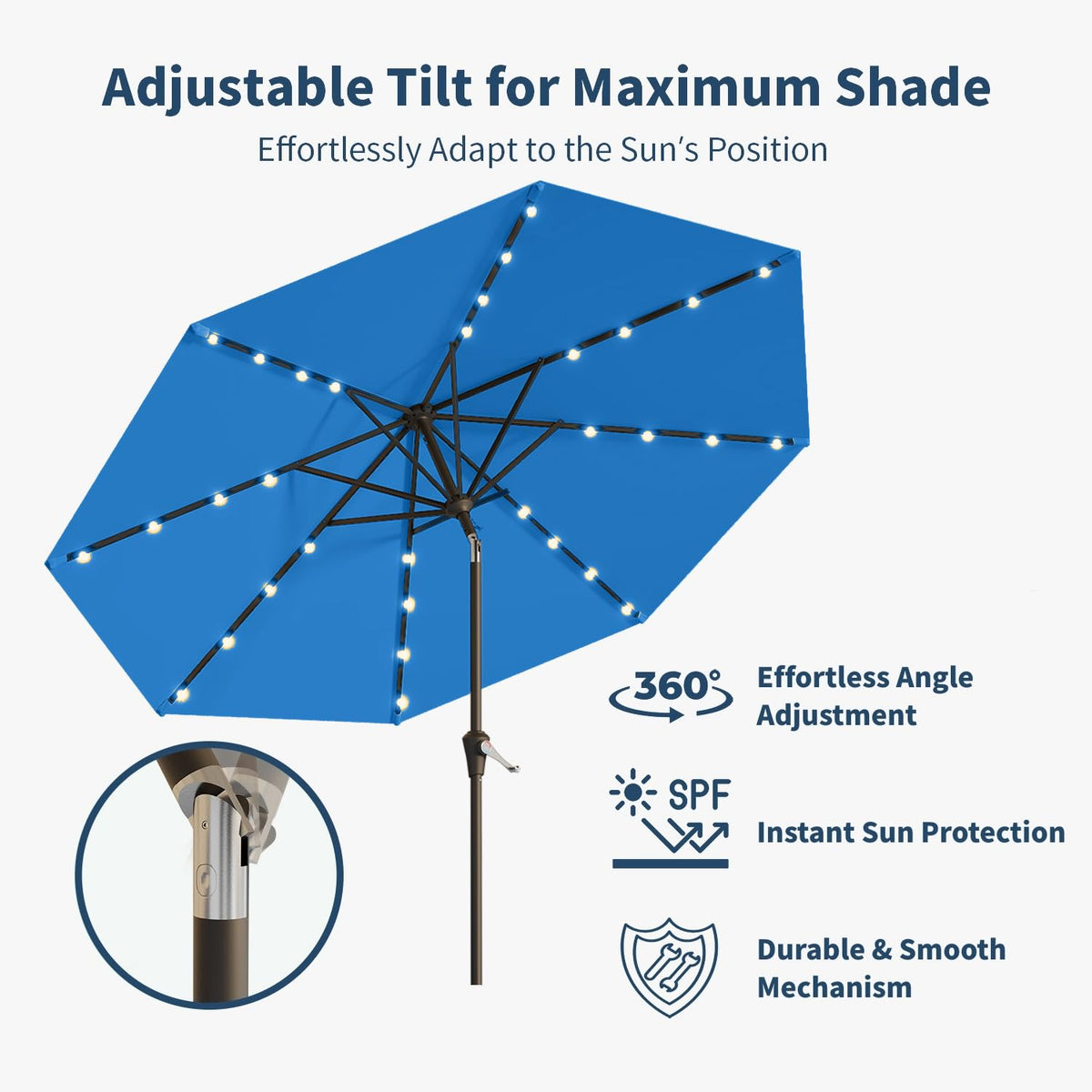 Patio Kingdom robust iron pole and eight ribs ensure stable outdoor shade.