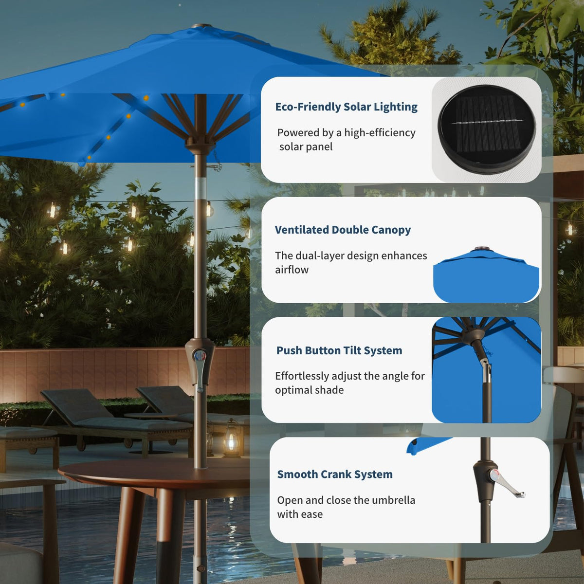 Patio Kingdom solar panel pre-installed powers the built-in lights cleanly.