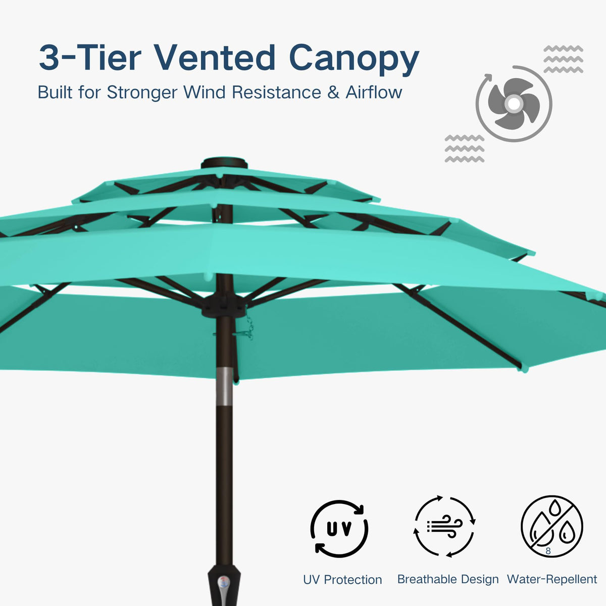 Patio Kingdom umbrella with crank lift mechanism for smooth opening.