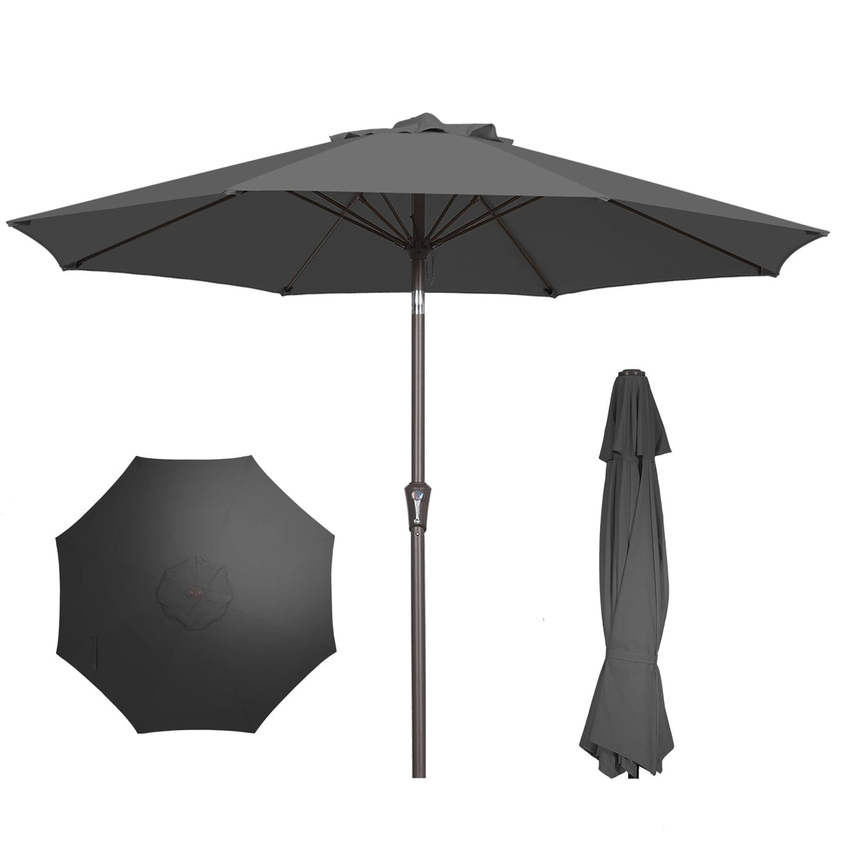 Patio Kingdom 9ft gray umbrella providing ample shade for outdoor seating areas
