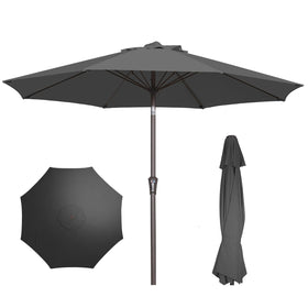 Patio Kingdom 9ft gray umbrella providing ample shade for outdoor seating areas