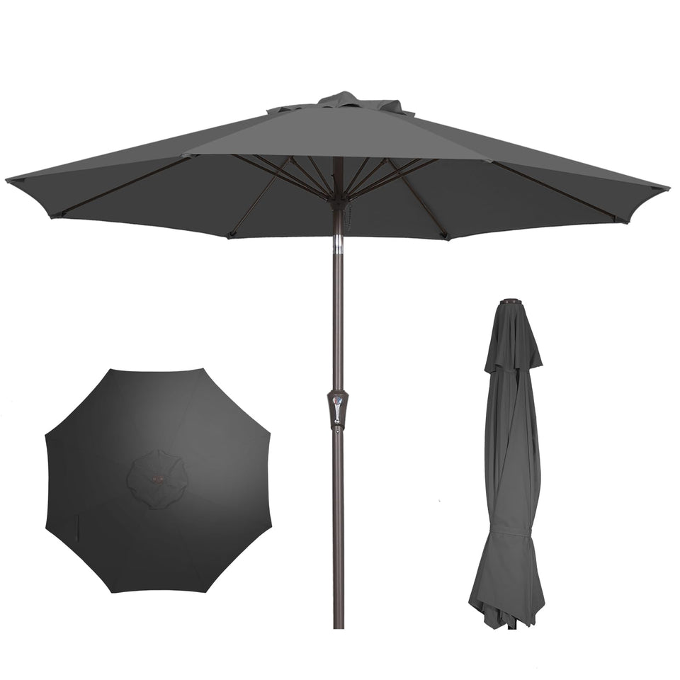 Patio Kingdom 9ft gray umbrella providing ample shade for outdoor seating areas