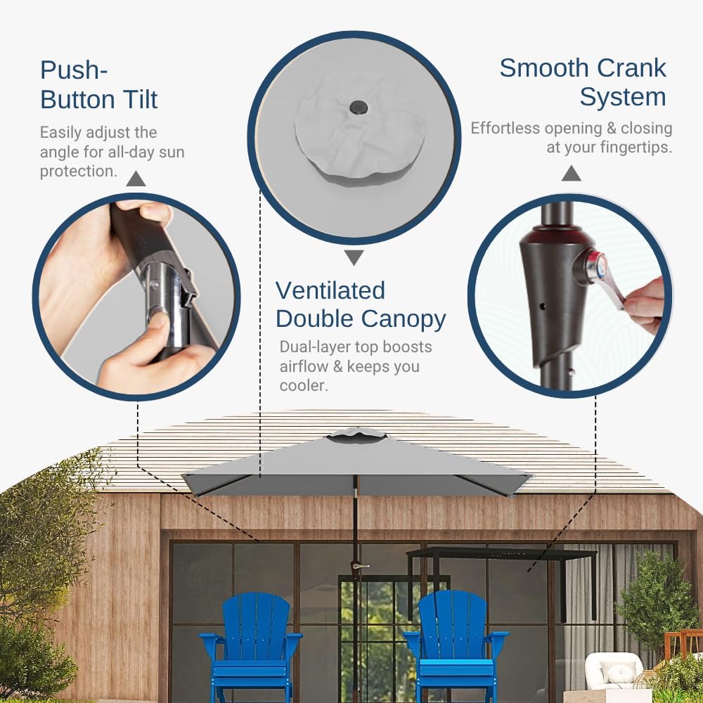 Patio Kingdom umbrella with push-button tilt blocking sun from multiple angles