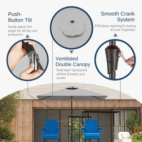 Patio Kingdom umbrella with push-button tilt blocking sun from multiple angles