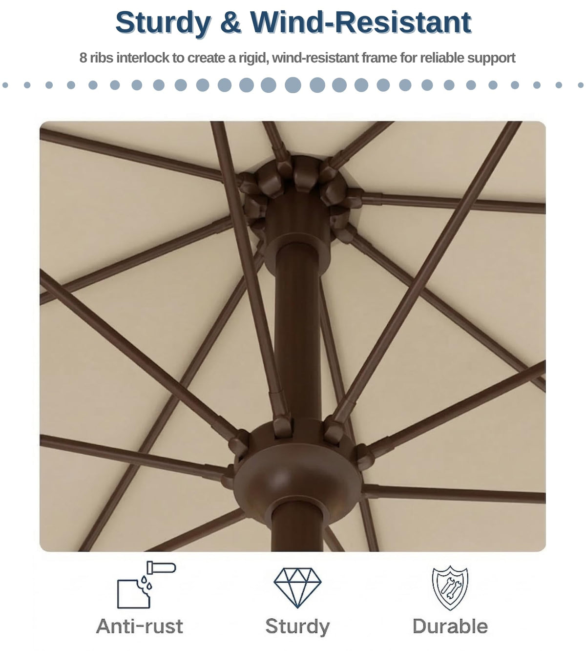 Patio Kingdom crank operation enabling quick open and close of the umbrella.
