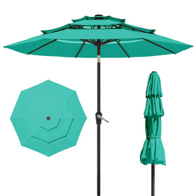 Patio Kingdom turquoise 10ft umbrella providing broad shade for outdoor dining.