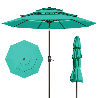 Patio Kingdom turquoise 10ft umbrella providing broad shade for outdoor dining.