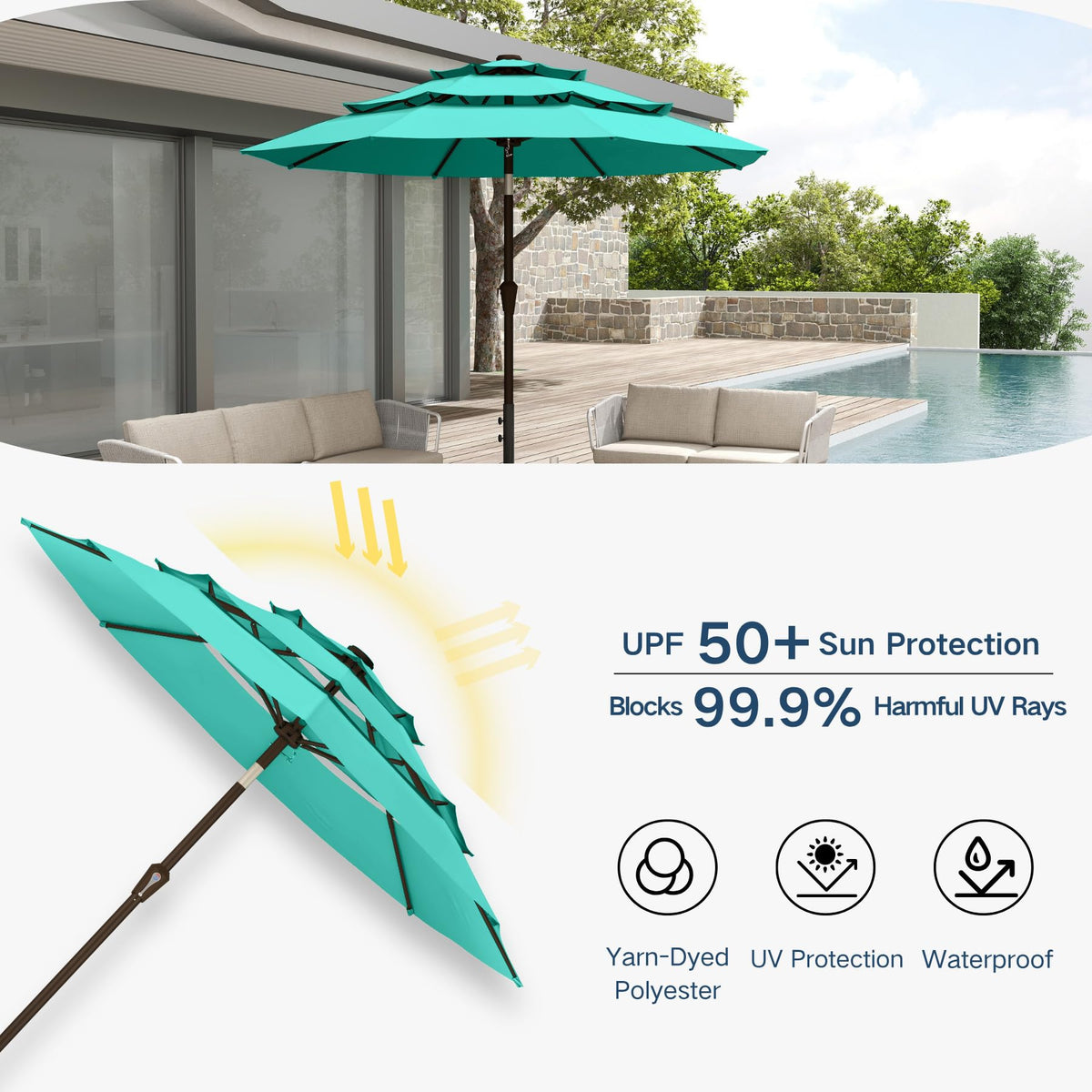 Patio Kingdom waterproof polyester resists rain and fading.