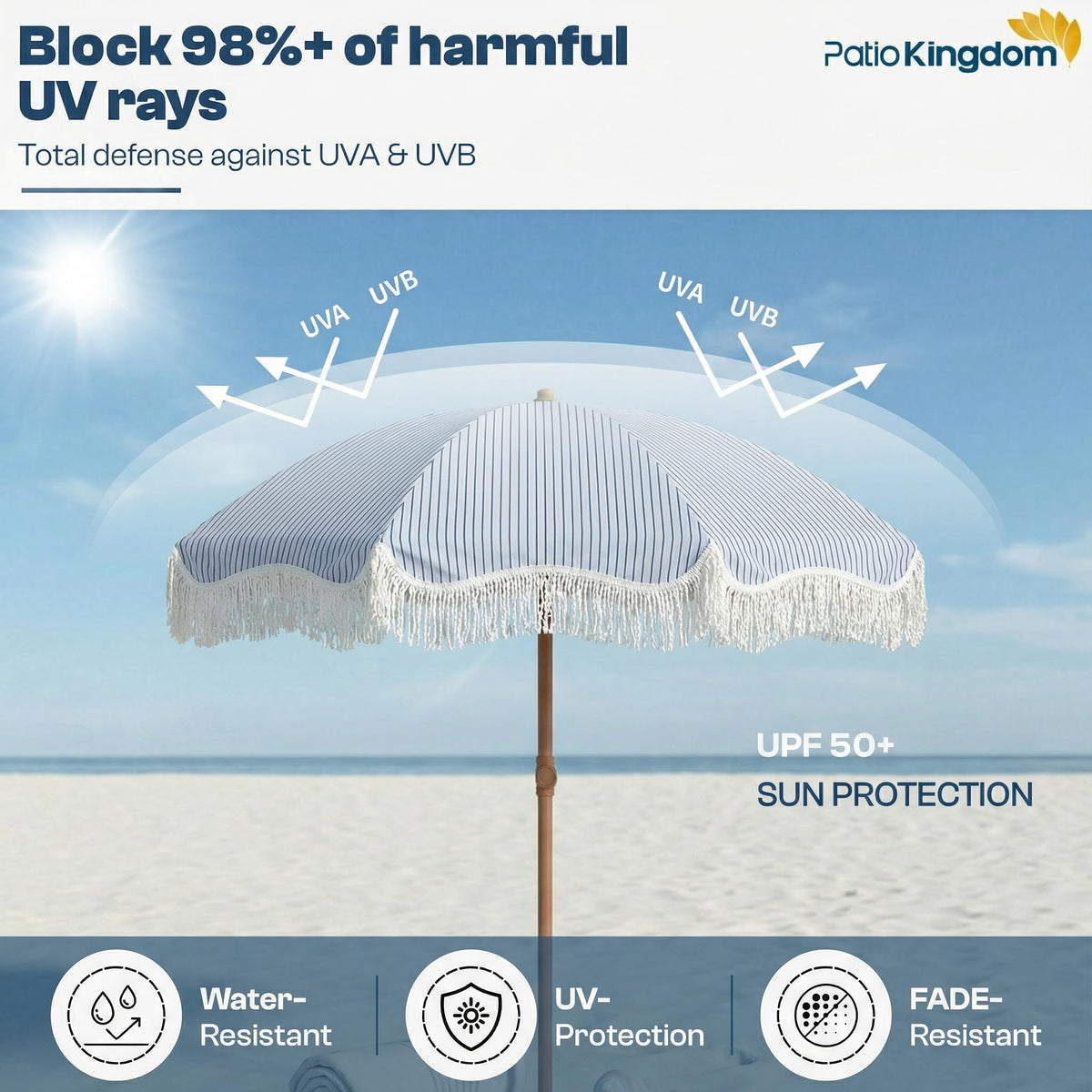 Patio Kingdom UPF50+ canopy blocks UV rays for outdoor comfort