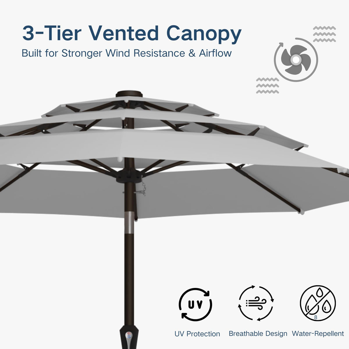 Patio Kingdom vented canopy design improves airflow and stability in breezy conditions.