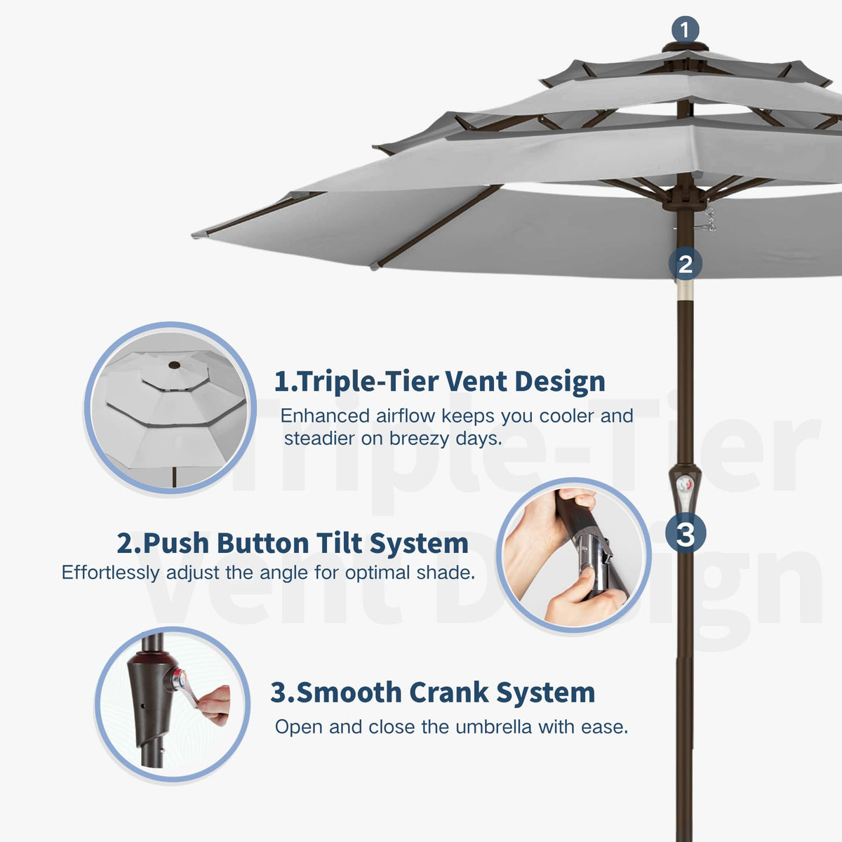 Patio Kingdom wind-stable frame with eight ribs for steadier shade.