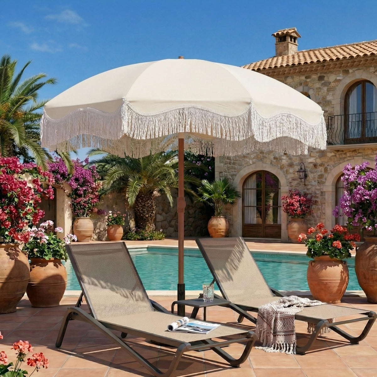 Wood‑look pole adds decorative charm while supporting durable sun protection.