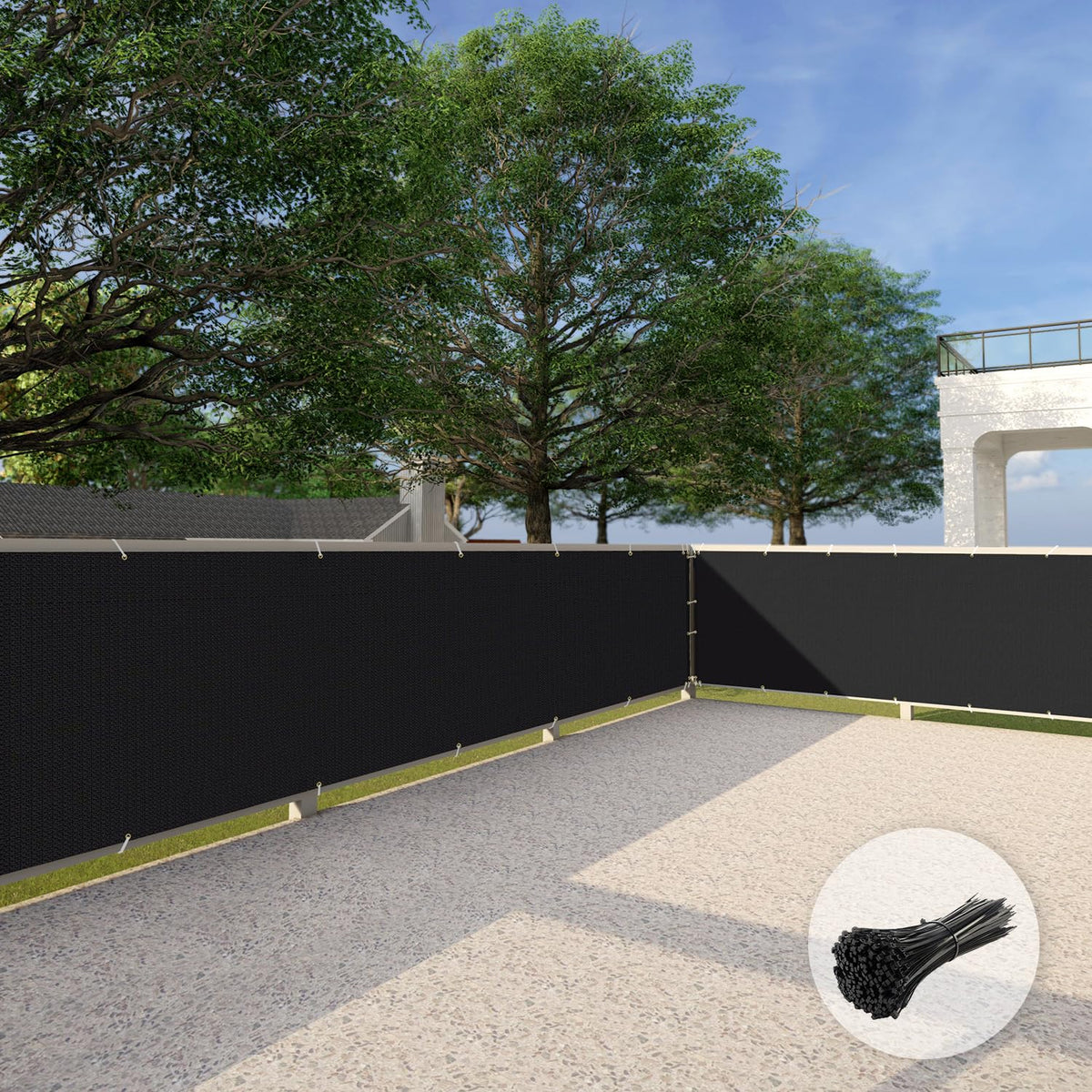 Patio privacy screen on balcony railing blocks view while allowing airflow.
