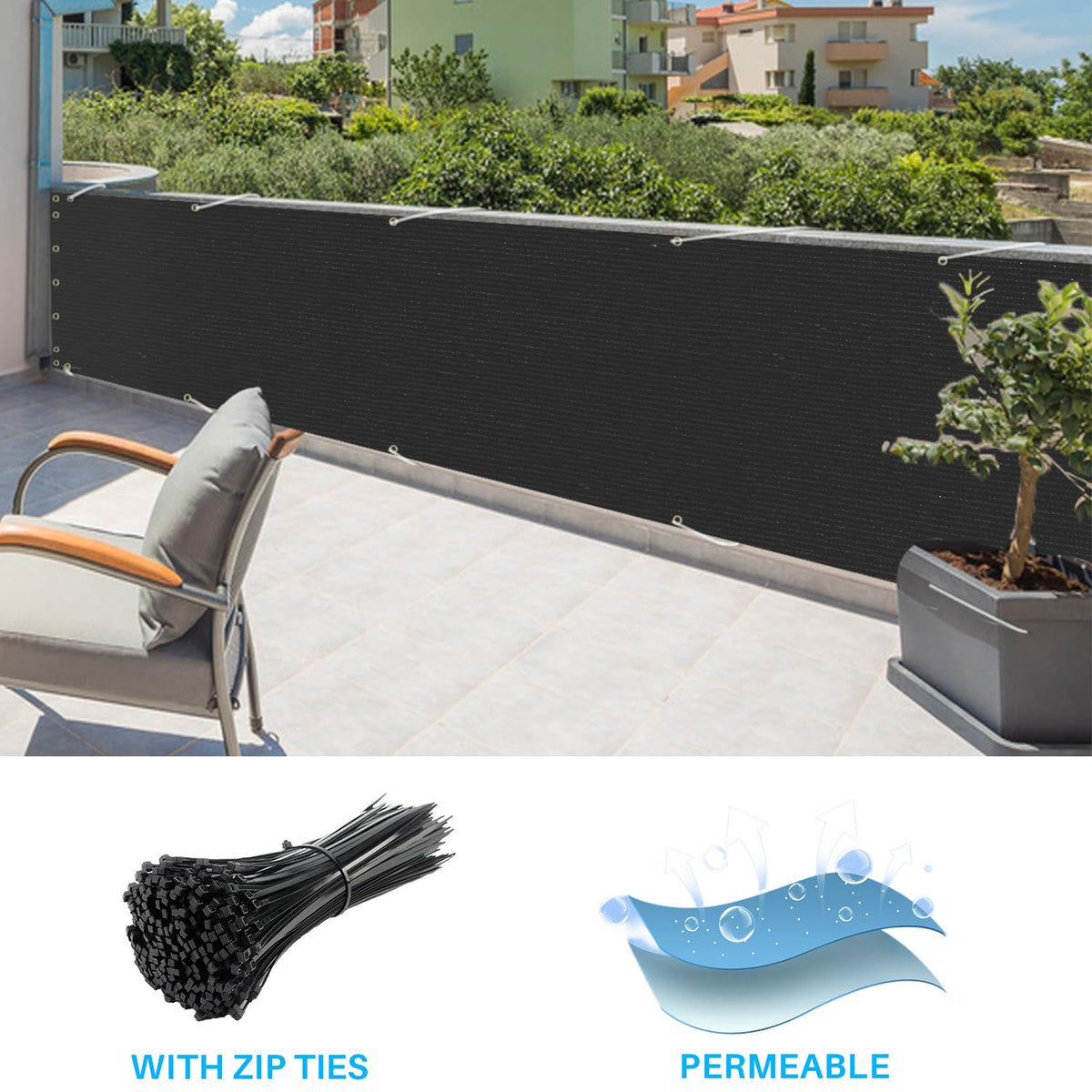 Patio railing privacy screen with zip ties installs quickly on rails.