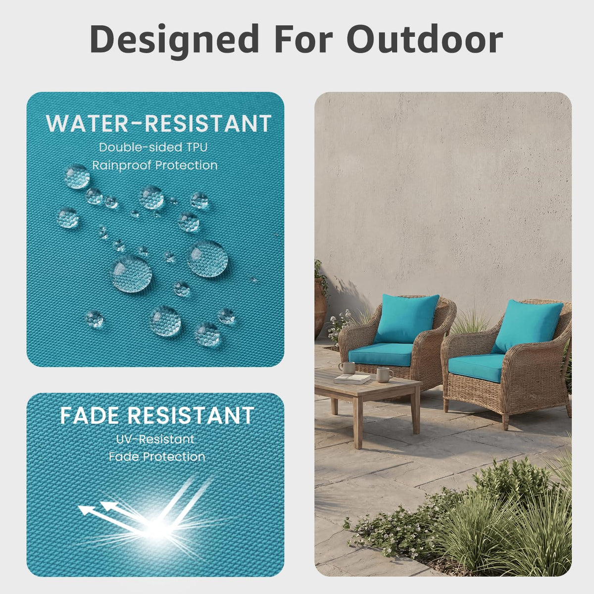 PatioGlow teal cushions with built-in ties stay put