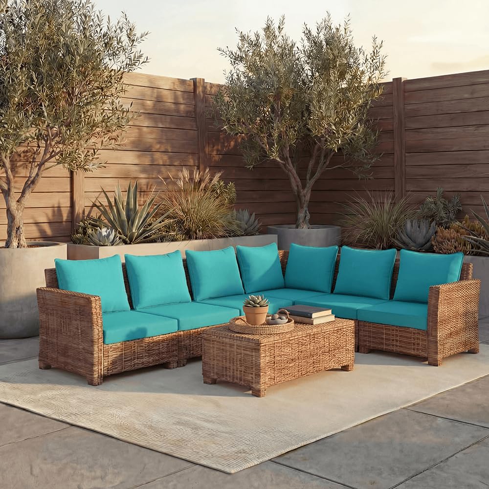 PatioGlow teal fabric close-up shows fade-resistant Oxford material