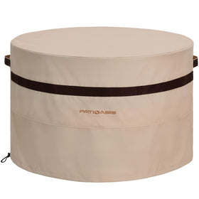 PATIOASIS 32 inch round fire pit cover showcases waterproof fabric for rain protection.