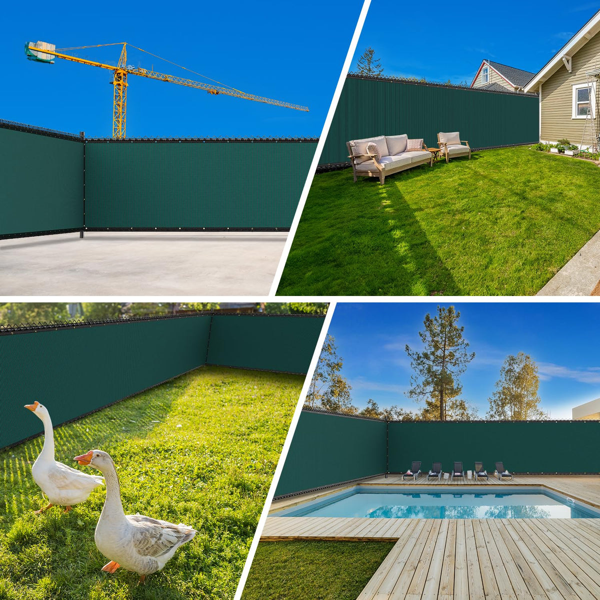 Patiobay privacy screen fence in dark green highlights UV protection and durability.