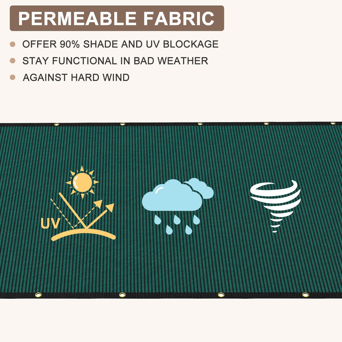 Patiobay privacy screen fence edge detail in dark green highlighting reinforced seams.