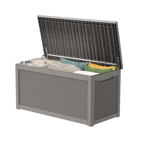 PATIOEASY outdoor storage box 325gal waterproof protects belongings from rain and moisture outdoors.