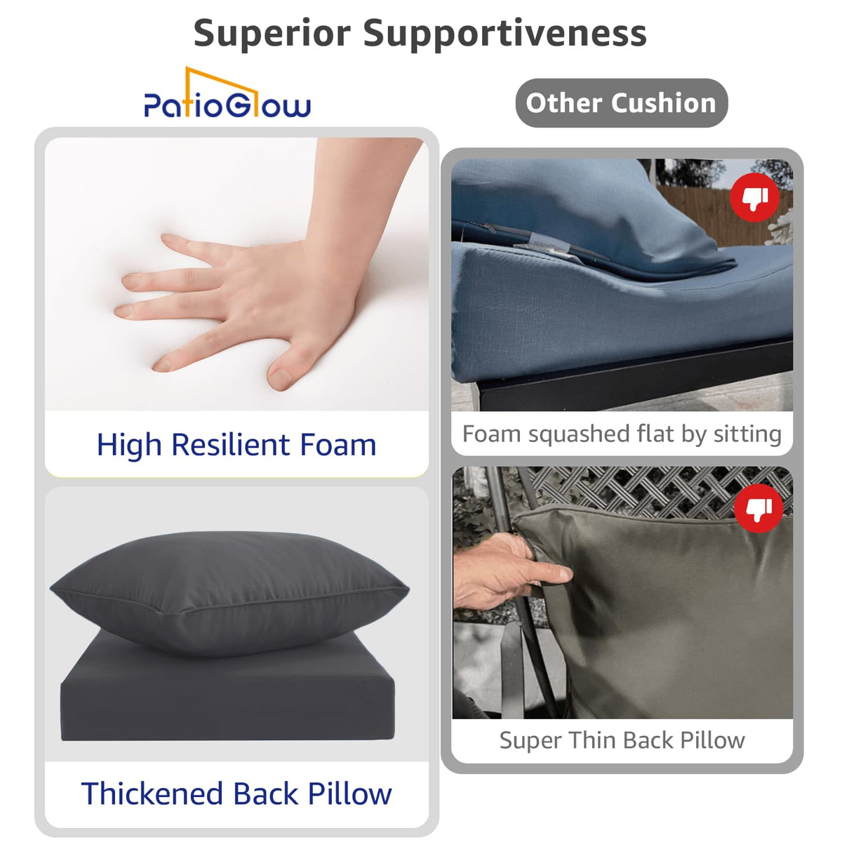 PatioGlow cushions with built-in ties and hidden zipper for secure, waterproof use