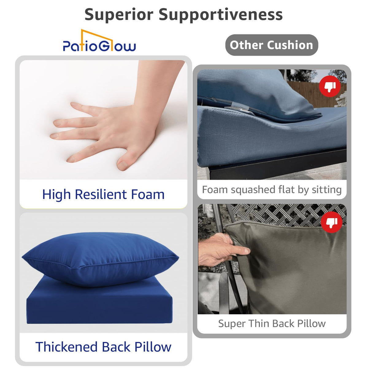 PatioGlow built-in ties keep cushions in place outdoors.