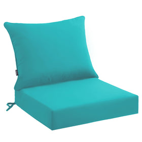 PatioGlow teal seat cushion showing 24x24 inch size for outdoor comfort.