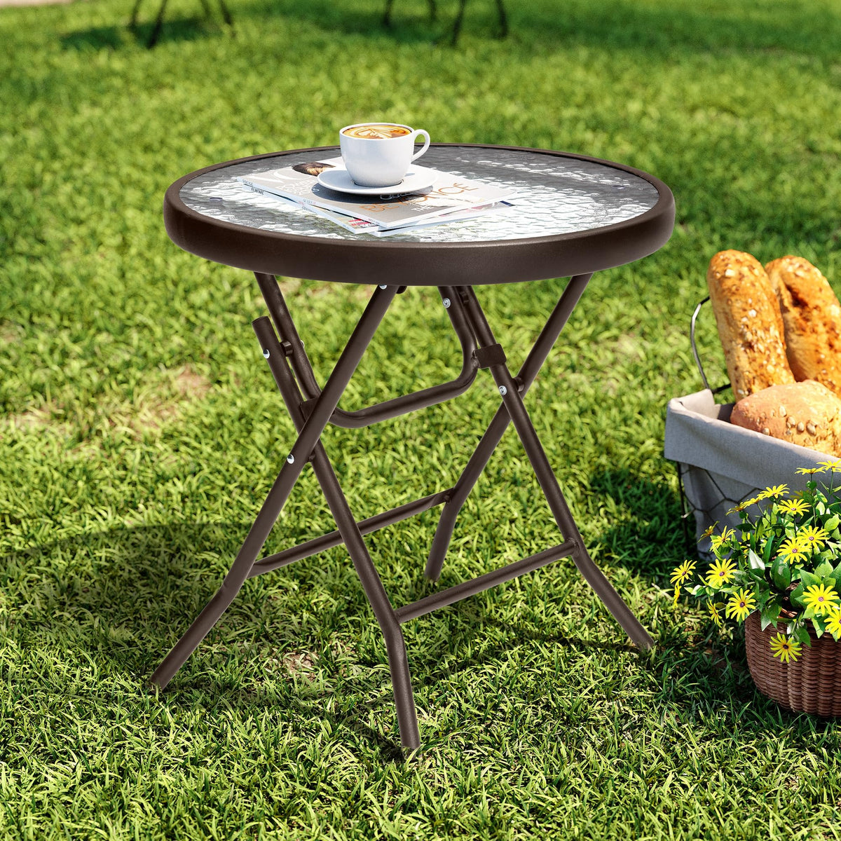 PATIOHIT foldable side table with tempered glass top for sturdy outdoor use.