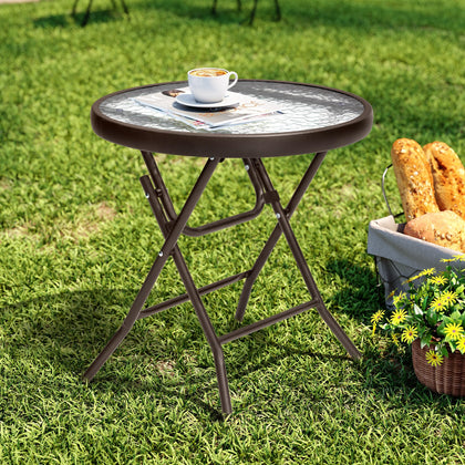 PATIOHIT foldable side table with tempered glass top for sturdy outdoor use.